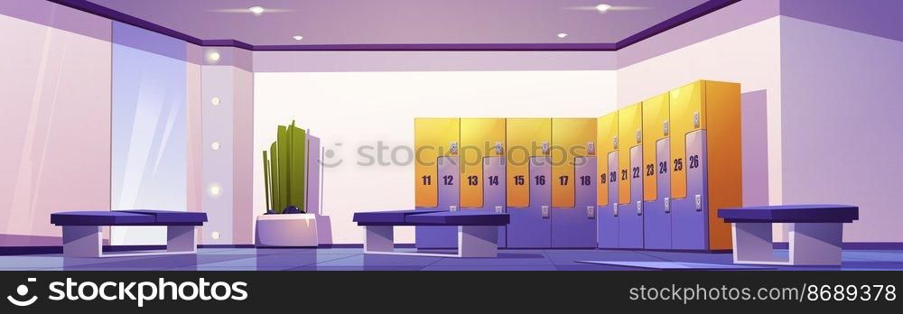 Dressing room with lockers in school or gym, empty interior with metal cabinets, floor-to-ceiling mirror, benches and illumination. Hallway storage for changing clothes, Cartoon vector illustration. Dressing room with lockers in school or gym area