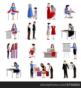 Dressmaker icons set with fashion workers and designer tailoring measuring and sewing isolated vector illustration. Dressmaker Icons Set