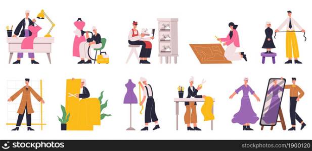 Dressmaker sewing, designer tailoring, characters working in clothes industry. Tailor, seamstress at work vector illustration set. Clothing designer character. Dressmaker and designer work with fabric. Dressmaker sewing, designer tailoring, characters working in clothes industry. Tailor, seamstress at work vector illustration set. Clothing designer characters