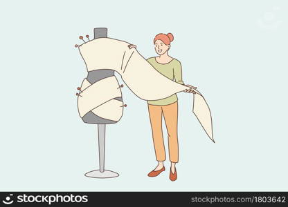 Dressmaking and fashion design concept. Young smiling woman cartoon character standing holding textile for making sewing dress or costume vector illustration . Dressmaking and fashion design concept