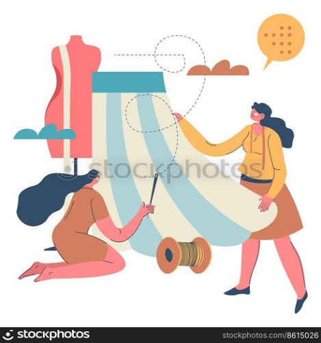 Dressmaking and tailoring in atelier, sewing female characters workers dealing with textile, threads and needlework. Salon for custom made clothes and brand women clothing. Vector in flat style. Sewing and tailoring, dressmaking atelier vector