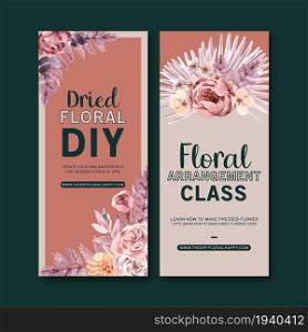 Dried floral flyer design with anemone, leaves watercolor illustration.