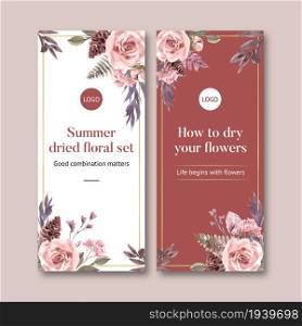Dried floral flyer design with rose, leaves watercolor illustration.