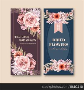 Dried floral flyer design with rose, peony, anemone watercolor illustration.