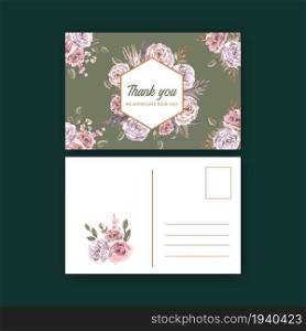 Dried floral postcard design with peony, rose, leaves watercolor illustration.