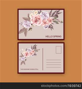 Dried floral postcard design with rose, leaves watercolor illustration.