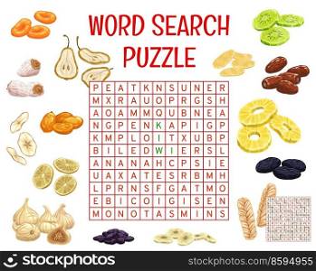 Dried fruits and snacks on word search puzzle game worksheet. Children quiz grid, logical game or kids intelligence test with vocabulary and alphabet learning activity. Child educational puzzle riddle. Dried fruits on word search puzzle game worksheet