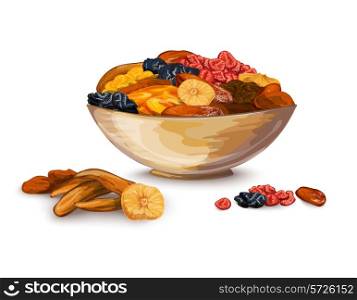 Dried fruits bowl composition with prune banana dried apricot vector illustration
