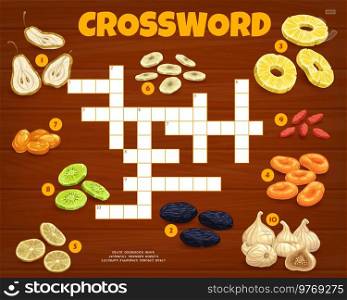 Dried fruits. Crossword grid. Find a word quiz game, kids playing activity, words search puzzle vector worksheet with dried pear, prune and fig, dogwood, banana and lemon, kiwi, pineapple and apricot. Crossword grid, find word game with dried fruits