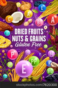Dried fruits, natural nuts and organic cereal food. Vector healthy nutrition superfood vitamins, vegan figs, coconut or wheat and rye, dried pineapple with legume beans, prune plums and eco raisins. Vitamins in healthy dried fruits, cereals and nuts