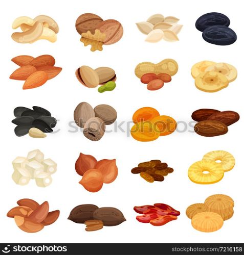 Dried fruits nuts healthy food nutrition realistic set with apricots almonds banana walnuts pistachios isolated vector illustration . Dried Fruits Nuts Realistic Set