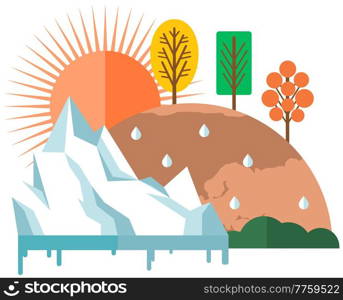 Dried, hot world globe with remaining trees. Sun heats surface of Earth, evaporating moisture and causing glaciers to melt. Global warming and environmental problem. Temperature of Earth is rising. Sun heats surface of Earth, evaporating moisture and causing glaciers to melt vector illustration