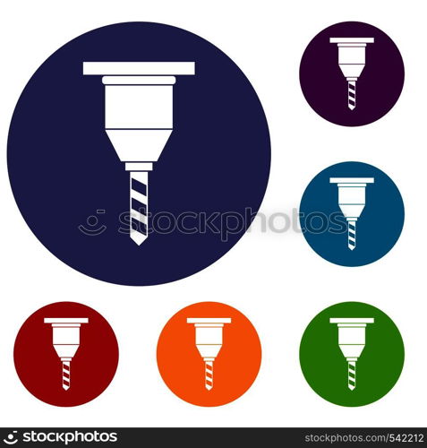 Drill bit icons set in flat circle red, blue and green color for web. Drill bit icons set