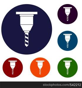 Drill bit icons set in flat circle red, blue and green color for web. Drill bit icons set