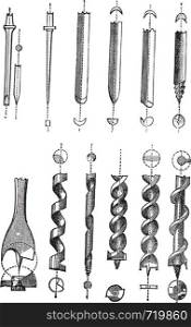 Drill Bits, vintage engraved illustration. Trousset encyclopedia (1886 - 1891).