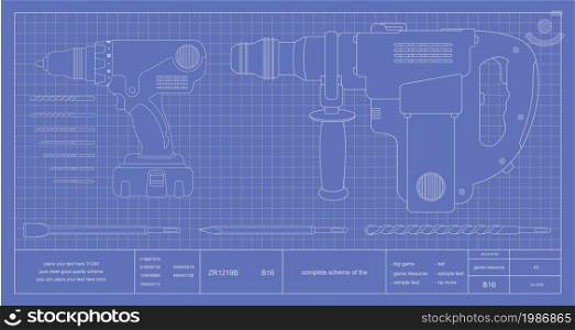 Drill, hammer drill and bits engineer blueprint. Vector schematic illustrations. Drill, hammer drill and bits engineer blueprint