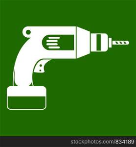 Drill icon white isolated on green background. Vector illustration. Drill icon green