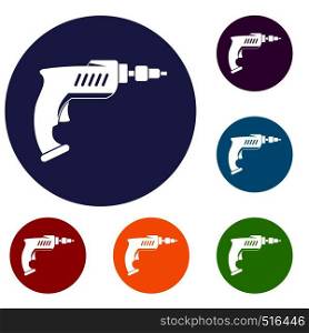 Drill icons set in flat circle red, blue and green color for web. Drill icons set