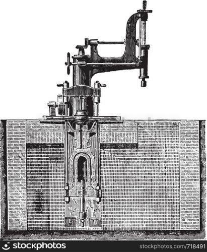 Drill machine room of a hub and place the wheel box, vintage engraved illustration. Industrial encyclopedia E.-O. Lami - 1875.