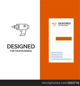 Drill, Power, Machine, Cordless, Electronics Grey Logo Design and Business Card Template