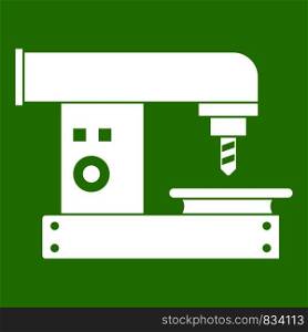 Drilling machine icon white isolated on green background. Vector illustration. Drilling machine icon green
