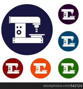 Drilling machine icons set in flat circle red, blue and green color for web. Drilling machine icons set