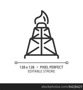 Drilling rig linear icon. Oil well. Offshore platform. Petroleum industry. Gas exploration. Energy production. Thin line illustration. Contour symbol. Vector outline drawing. Editable stroke. Drilling rig linear icon