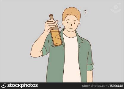 Drink, alcohol, celebration, congratulation concept. Young happy smiling man guy boy alcoholic holding bottle of beer and raising toast. Cheers on party and relaxation beverage addiction illustration. Drink, alcohol, celebration, congratulation concept
