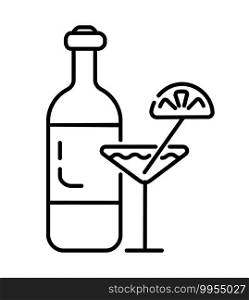Drink alcohol icon vector. Bottle of whiskey, vodka, gin, brandy symbol. Drinks glass of ice water.. Vermouth, tequila, alcohol icon vector. Bottle of wine, cocktail with lemon are shown. Whiskey, vodka, gin, brandy