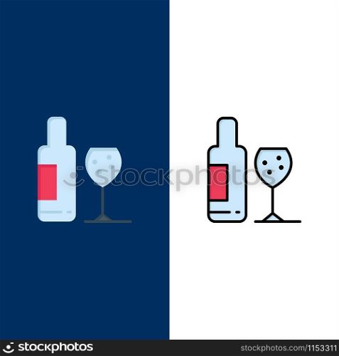 Drink, Bottle, Glass, Love Icons. Flat and Line Filled Icon Set Vector Blue Background