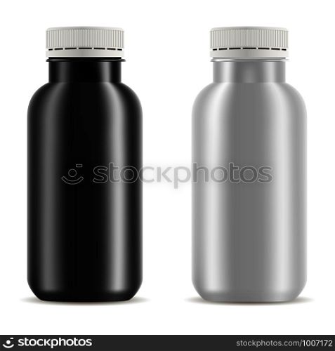 Drink bottles mockup. Realistic 3d vector illustration of black and wwite bottles with white plastic lid for fresh, juice, tea, yogurt and other liquid products. . Drink bottle mockup. Fresh, juice, tea, yogurt Set