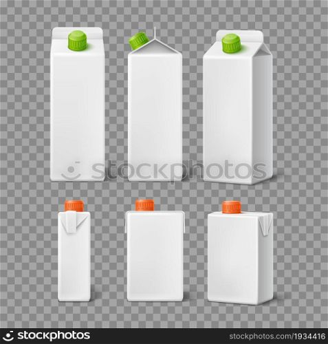 Drink carton packaging. Realistic milk or cream boxes. Lactic and fruits beverages cardboard square bottles. Isolated containers different view angles. Blank mockup for branding. Vector package set. Drink carton packaging. Realistic milk or cream boxes. Lactic and fruits beverages cardboard bottles. Containers different view angles. Blank mockup for branding. Vector package set