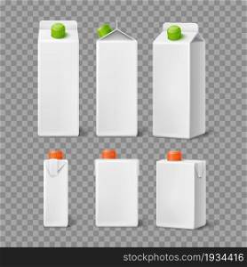 Drink carton packaging. Realistic milk or cream boxes. Lactic and fruits beverages cardboard square bottles. Isolated containers different view angles. Blank mockup for branding. Vector package set. Drink carton packaging. Realistic milk or cream boxes. Lactic and fruits beverages cardboard bottles. Containers different view angles. Blank mockup for branding. Vector package set
