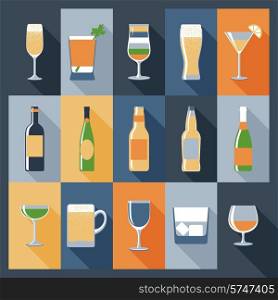 Drink decorative icons flat set with alcohol in bottles and glasses isolated vector illustration