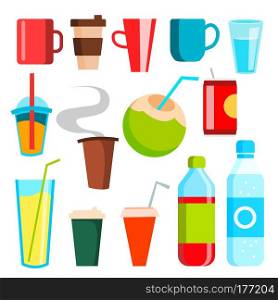 Drink Icons Vector. Soda, Fast Food, Coffee, Coctail. Mug, Bottled Beverage, Vitamin Juice, Sparkling Soft And Energy Isolated Illustration. Drink Icons Vector. Soda, Fast Food, Coffee, Coctail. Mug, Bottled Beverage, Vitamin Juice, Sparkling. Soft And Energy . Isolated Cartoon Illustration
