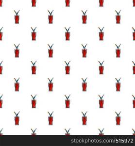 Drink in a glass cup with two straws pattern seamless repeat in cartoon style vector illustration. Drink in a glass cup with two straws pattern