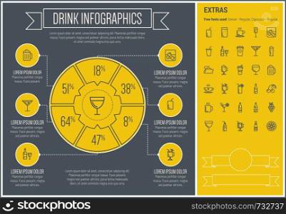 Drink infographic template and elements. The template includes the following set of icons - tea, soda, whisky, cold, refreshment, fruit, orange jiuce and more. Modern minimalistic flat thin line vector design. Yellow background with black line elements.. Drink Line Design Infographic Template