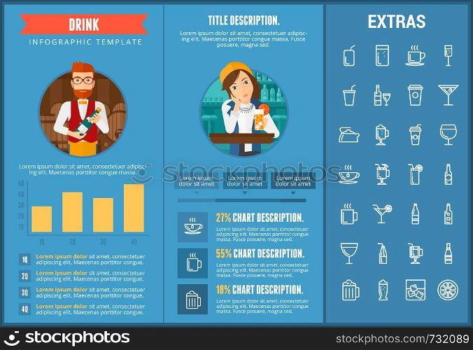 Drink infographic template, elements and icons. Infograph includes customizable charts, graphs, line icon set with bar drinks, alcohol beverage, variety of glasses, non-alcoholic beverages etc.. Drink infographic template, elements and icons.