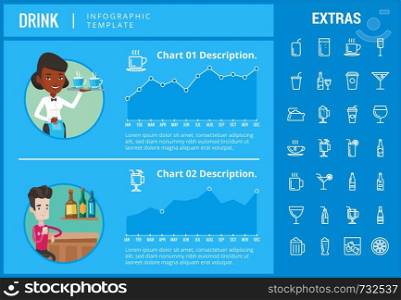 Drink infographic template, elements and icons. Infograph includes customizable charts, graphs, line icon set with bar drinks, alcohol beverage, variety of glasses, non-alcoholic beverages etc.. Drink infographic template, elements and icons.