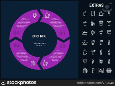 Drink infographic template, elements and icons. Infograph includes customizable circular diagram, line icon set with bar drinks, alcohol beverage, variety of glasses, non-alcoholic beverages etc.. Drink infographic template, elements and icons.