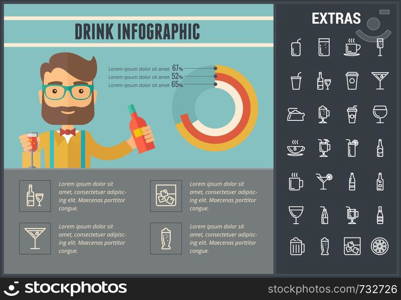 Drink infographic template, elements and icons. Infograph includes customizable graph, line icon set with bar drinks, alcohol beverage, variety of glasses and bottles, non-alcoholic beverages etc.. Drink infographic template, elements and icons.