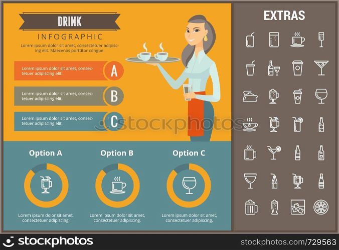 Drink infographic template, elements and icons. Infograph includes customizable graphs, charts, line icon set with bar drinks, alcohol beverage, variety of glasses, non-alcoholic beverages etc.. Drink infographic template, elements and icons.