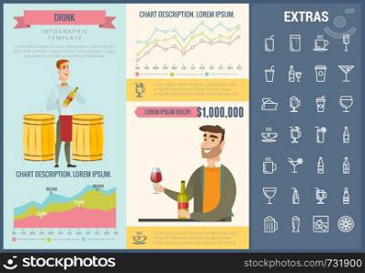 Drink infographic template, elements and icons. Infograph includes customizable graphs, charts, line icon set with bar drinks, alcohol beverage, variety of glasses, non-alcoholic beverages etc.. Drink infographic template, elements and icons.