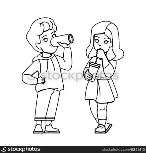 drink kid line pencil drawing vector. child girl glass, healthy happy, little water, boy cute, lifestyle person, food drink kid character. people Illustration. drink kid vector