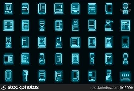Drink machine icons set. Outline set of drink machine vector icons neon color on black. Drink machine icons set vector neon