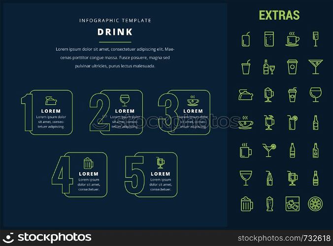 Drink options infographic template, elements and icons. Infograph includes line icon set with bar drinks, alcohol beverages, hot drinks, variety of glasses and bottles, non-alcoholic beverages etc.. Drink infographic template, elements and icons.