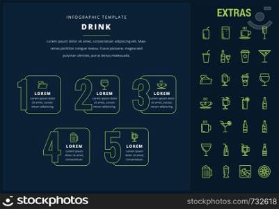 Drink options infographic template, elements and icons. Infograph includes line icon set with bar drinks, alcohol beverages, hot drinks, variety of glasses and bottles, non-alcoholic beverages etc.. Drink infographic template, elements and icons.