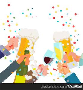 Drink Party Poster Vector. Chin-Chin. Victory Celebration Concept. Clinking Glasses With Alcohol. Isolated Flat Illustration. Drink Party Banner Vector. Raised Hands Holding Champagne And Beer Glasses. Toasting. Clinking Glasses With Alcohol. Celebration Event Design Isolated Flat Illustration