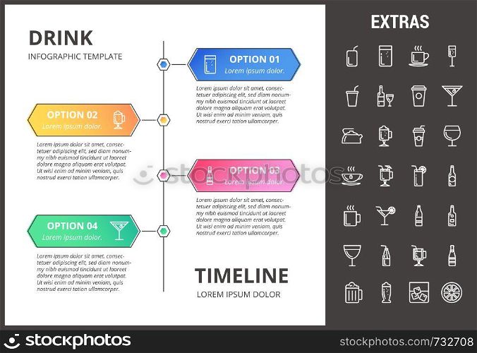 Drink timeline infographic template, elements and icons. Infograph includes options with years, line icon set with bar drinks, alcohol beverages, glasses and bottles, non-alcoholic beverages etc.. Drink infographic template, elements and icons.