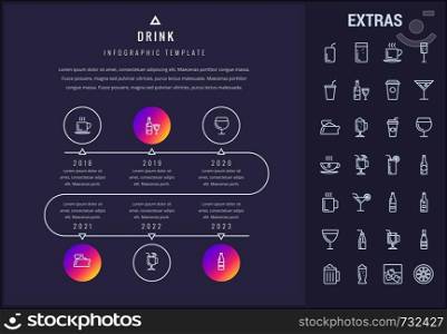 Drink timeline infographic template, elements and icons. Infograph includes years, line icon set with bar drinks, alcohol beverage, hot drinks, glasses and bottles, non-alcoholic beverages etc.. Drink infographic template, elements and icons.